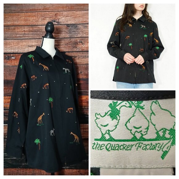 The Quacker Factory Jacket Size 1X Embroidered Safari Animals Full Zip Cotton - Picture 1 of 7